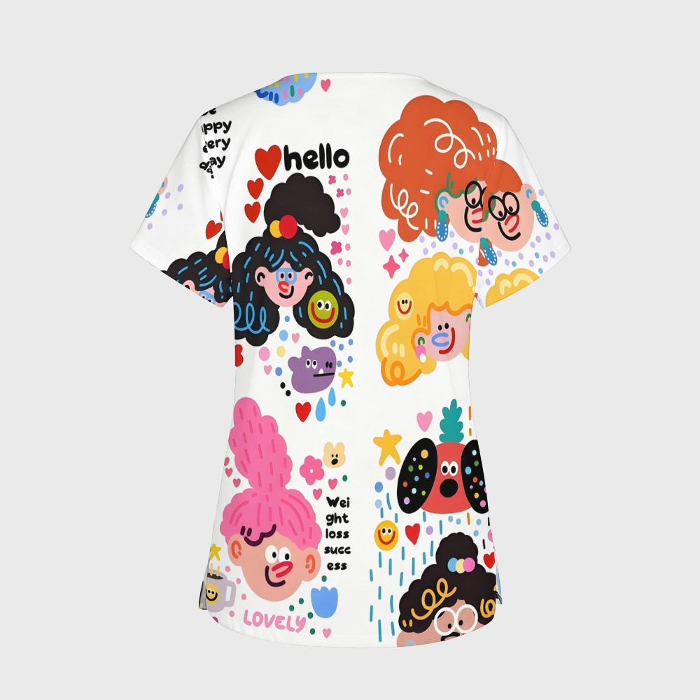 Women's V-Neck Pocket Cartoon Series Printed Scrub Top ST10151