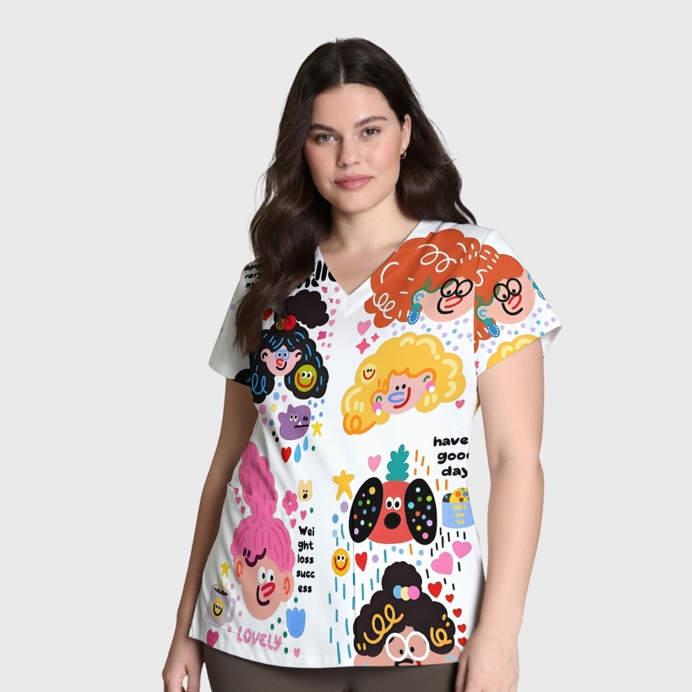 Women's V-Neck Pocket Cartoon Series Printed Scrub Top ST10151