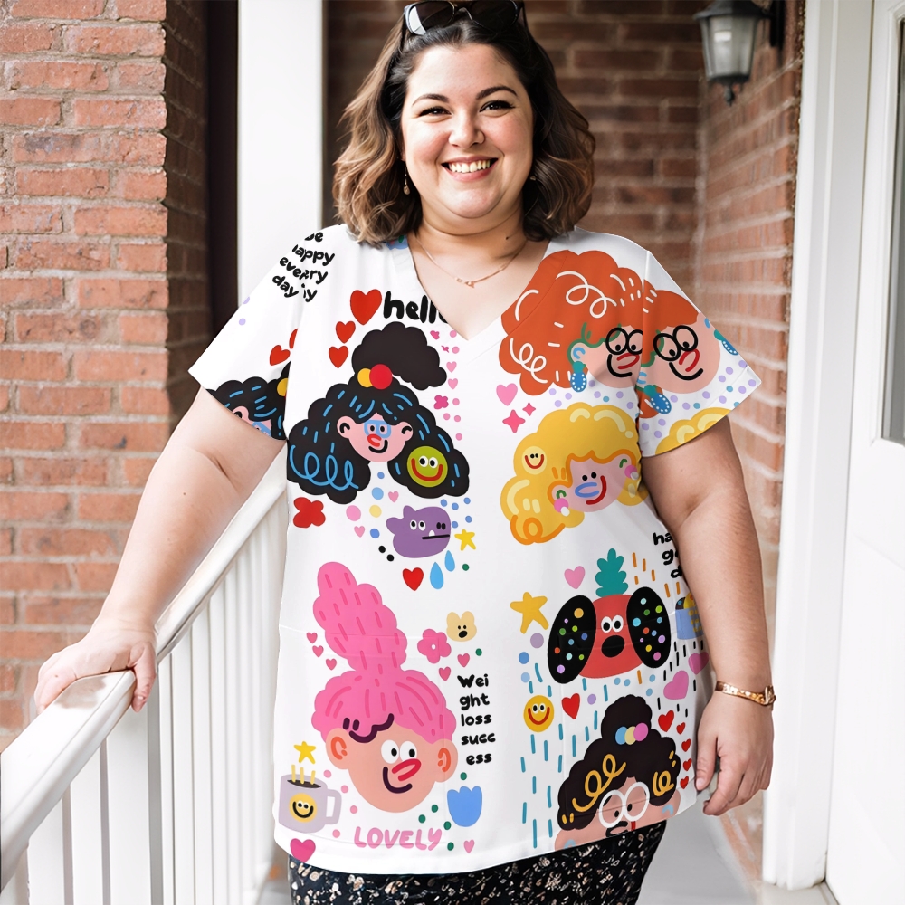 Women's V-Neck Pocket Cartoon Series Printed Scrub Top ST10151