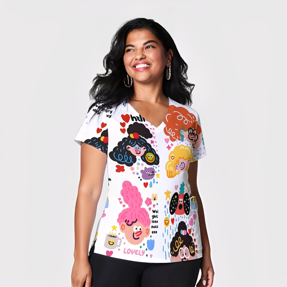 Women's V-Neck Pocket Cartoon Series Printed Scrub Top ST10151