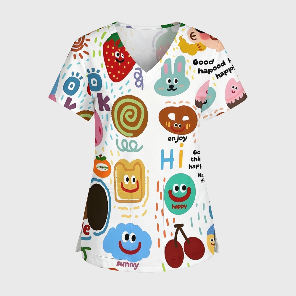 Women's V-Neck Pocket Cartoon Series Printed Scrub Top ST10152
