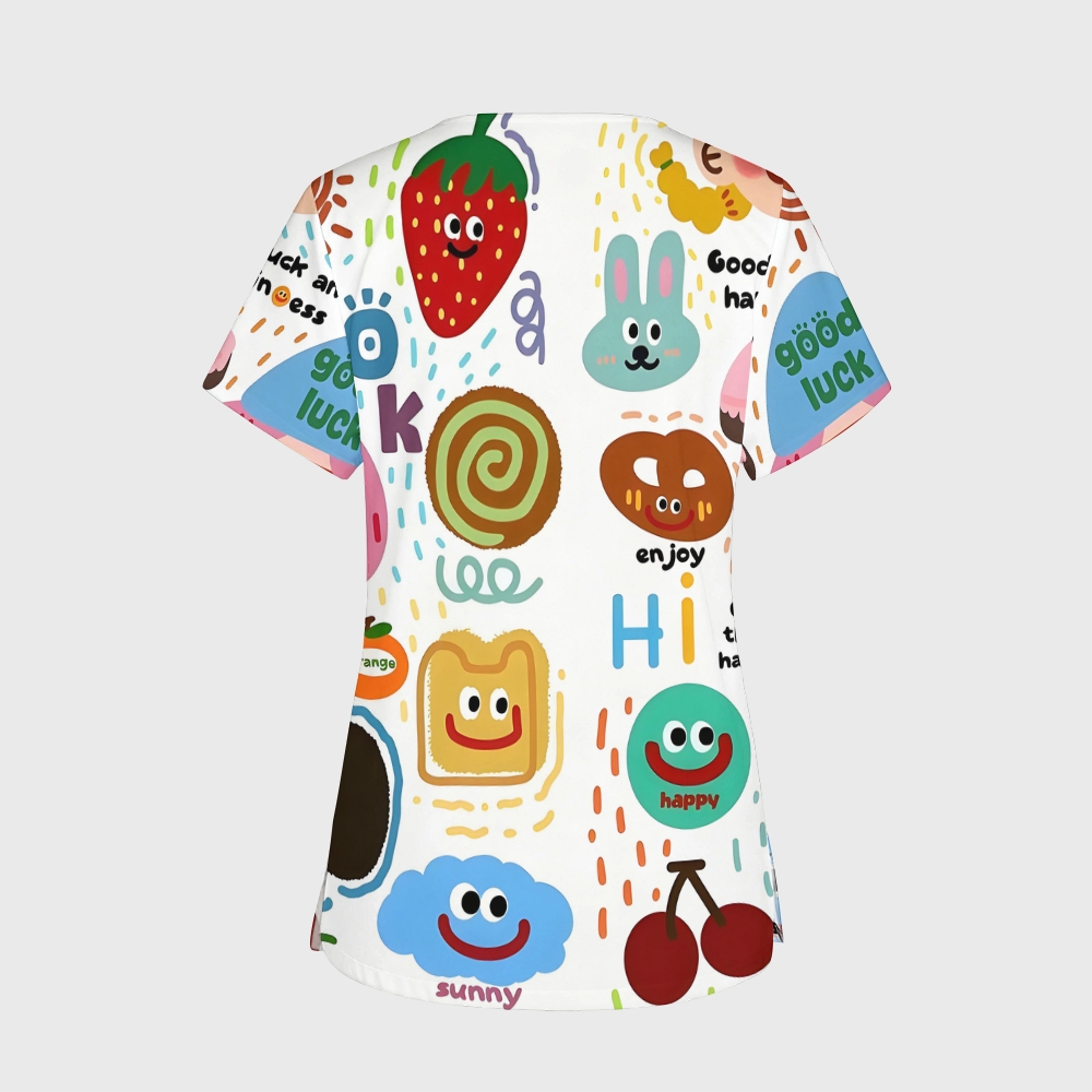 Women's V-Neck Pocket Cartoon Series Printed Scrub Top ST10152