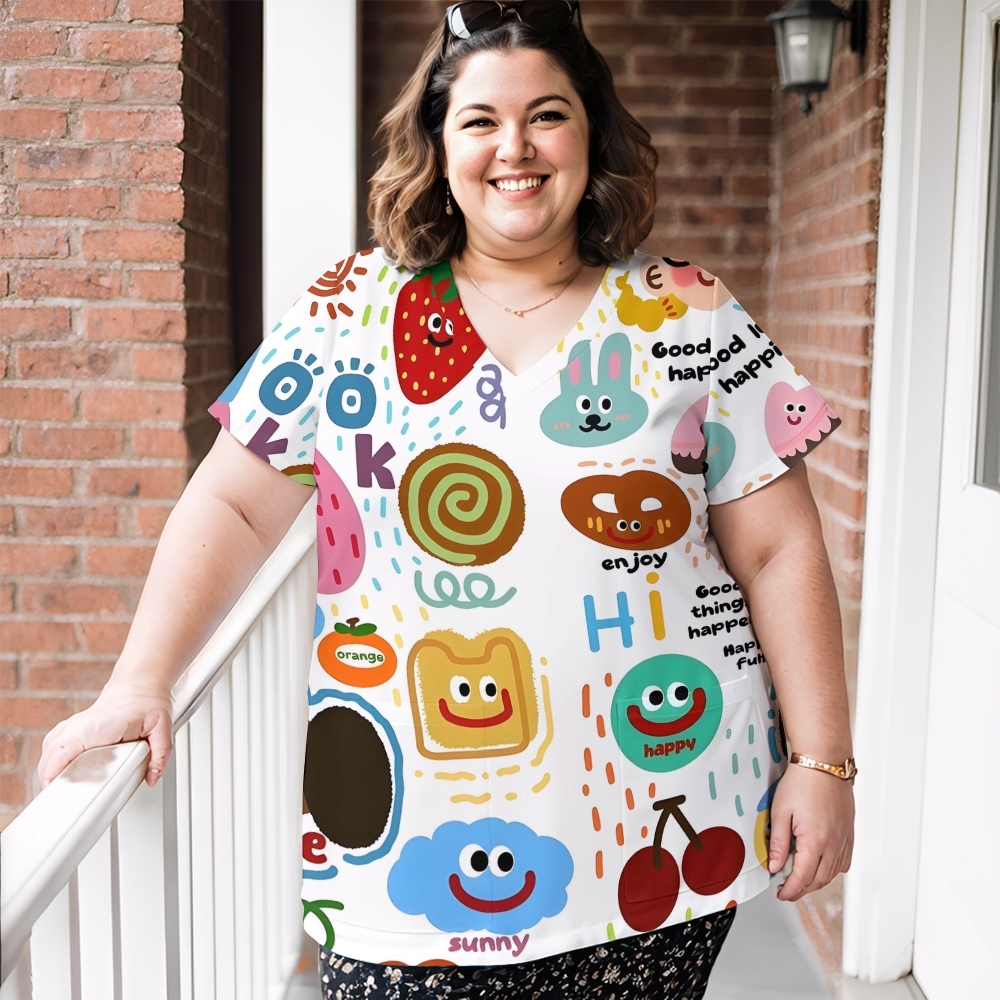 Women's V-Neck Pocket Cartoon Series Printed Scrub Top ST10152