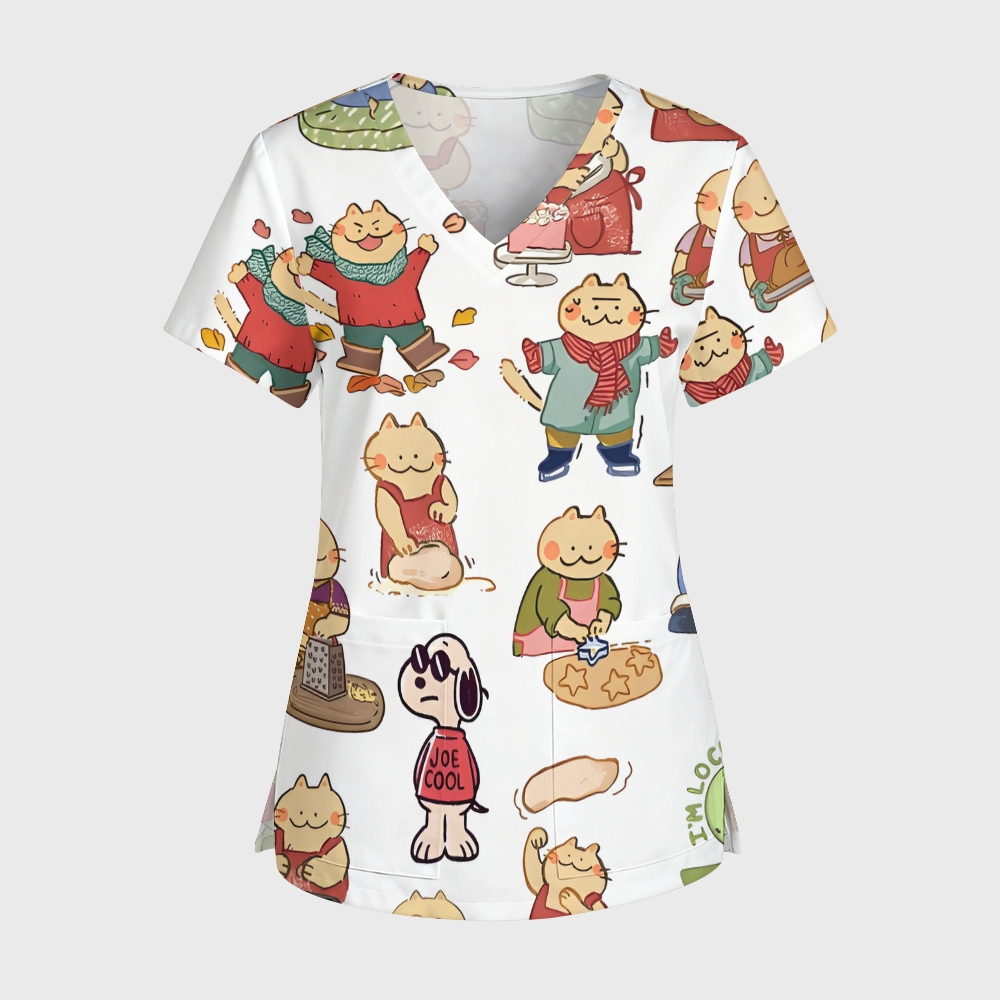 Women's V-Neck Pocket Cartoon Series Printed Scrub Top ST10153