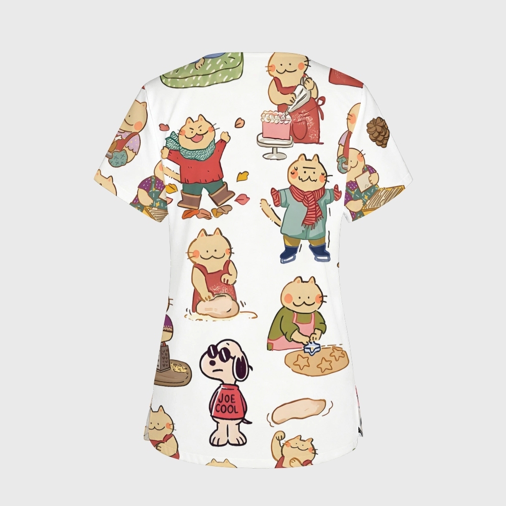 Women's V-Neck Pocket Cartoon Series Printed Scrub Top ST10153