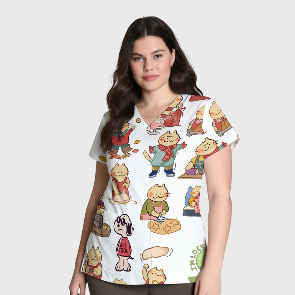 Women's V-Neck Pocket Cartoon Series Printed Scrub Top ST10153