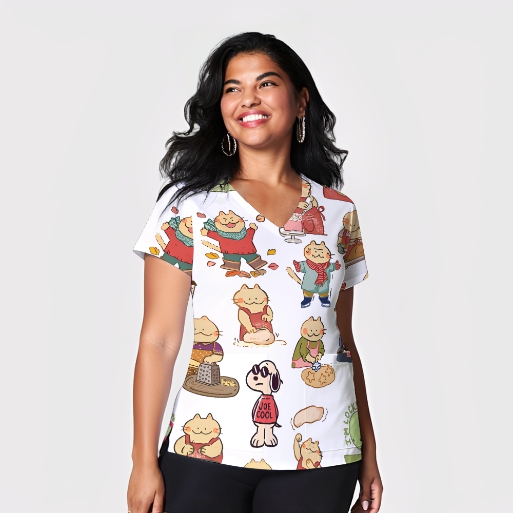 Women's V-Neck Pocket Cartoon Series Printed Scrub Top ST10153