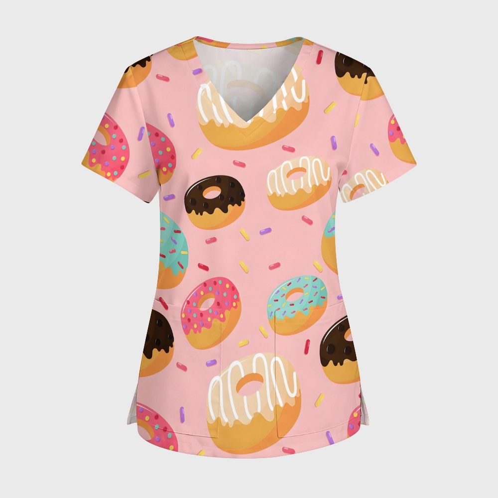 Women's V-Neck Pocket Cartoon Series Printed Scrub Top ST10154