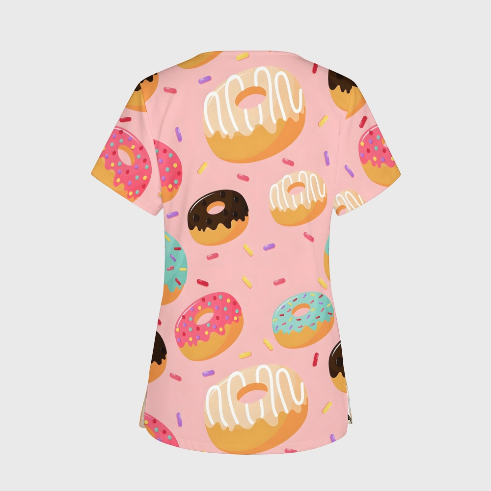 Women's V-Neck Pocket Cartoon Series Printed Scrub Top ST10154