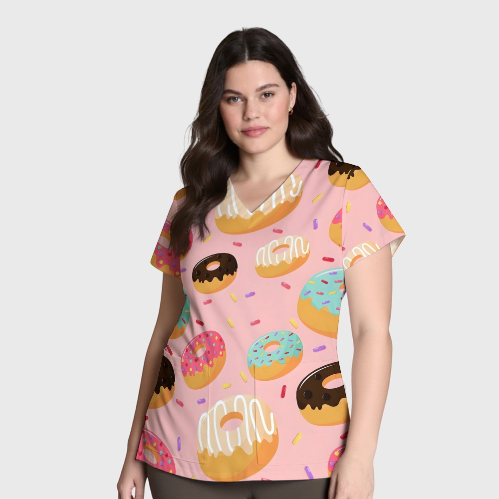 Women's V-Neck Pocket Cartoon Series Printed Scrub Top ST10154