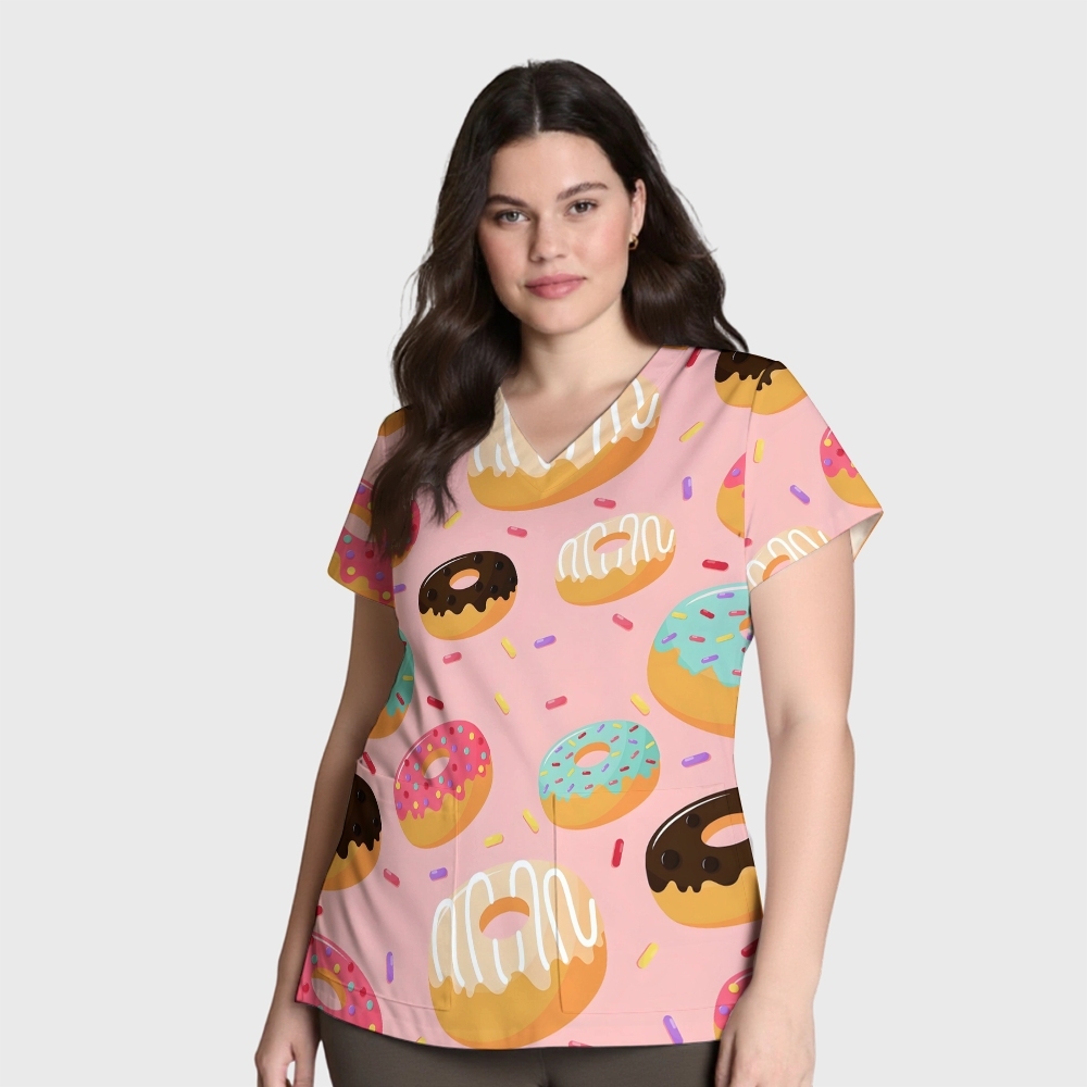 Women's V-Neck Pocket Cartoon Series Printed Scrub Top ST10154