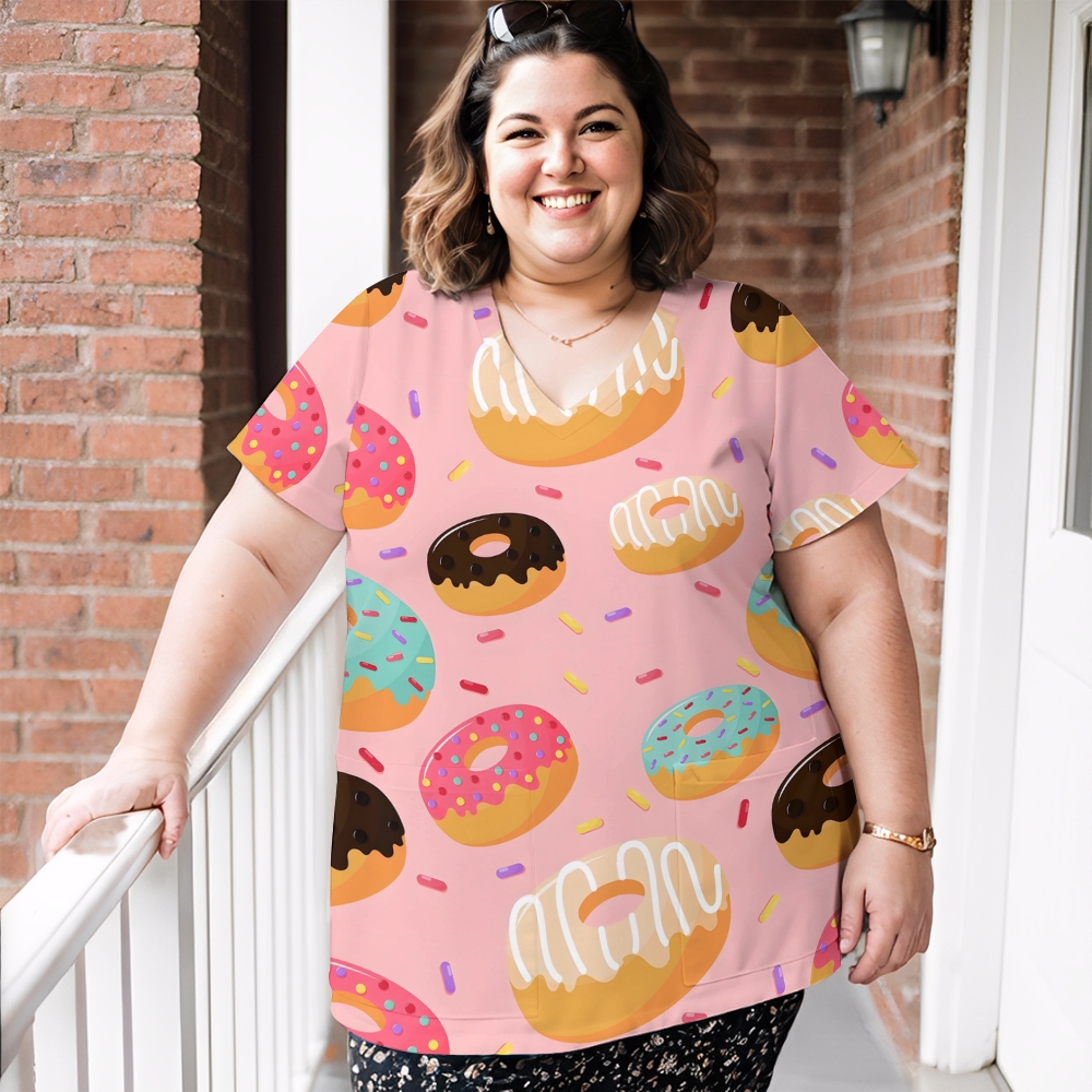 Women's V-Neck Pocket Cartoon Series Printed Scrub Top ST10154