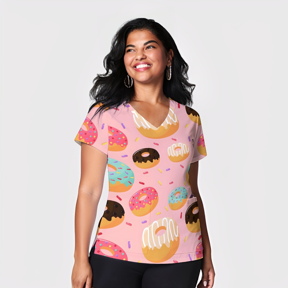 Women's V-Neck Pocket Cartoon Series Printed Scrub Top ST10154