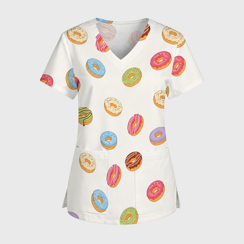 Women's V-Neck Pocket Cartoon Series Printed Scrub Top ST10155