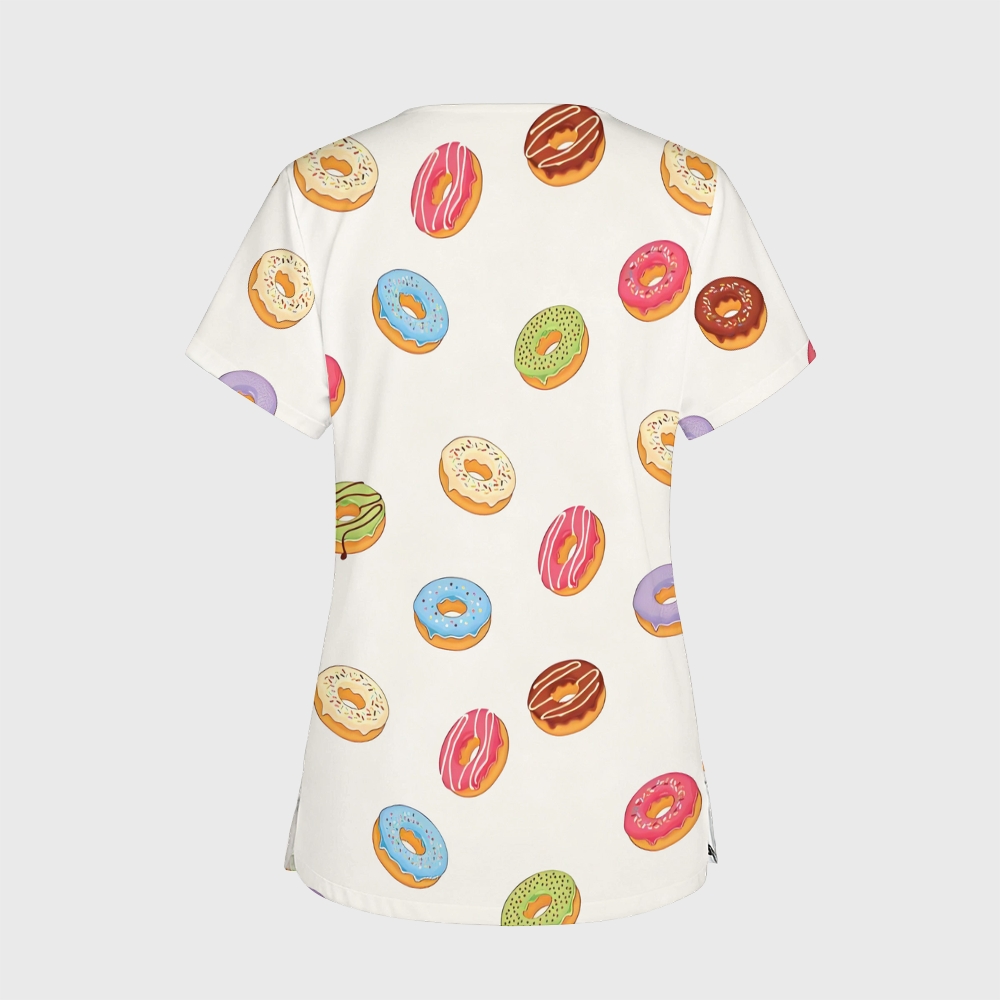 Women's V-Neck Pocket Cartoon Series Printed Scrub Top ST10155