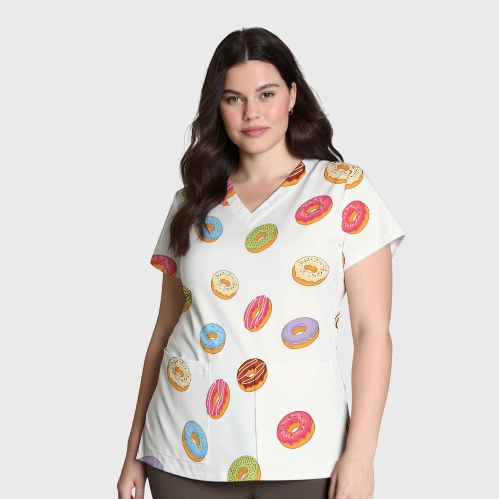 Women's V-Neck Pocket Cartoon Series Printed Scrub Top ST10155