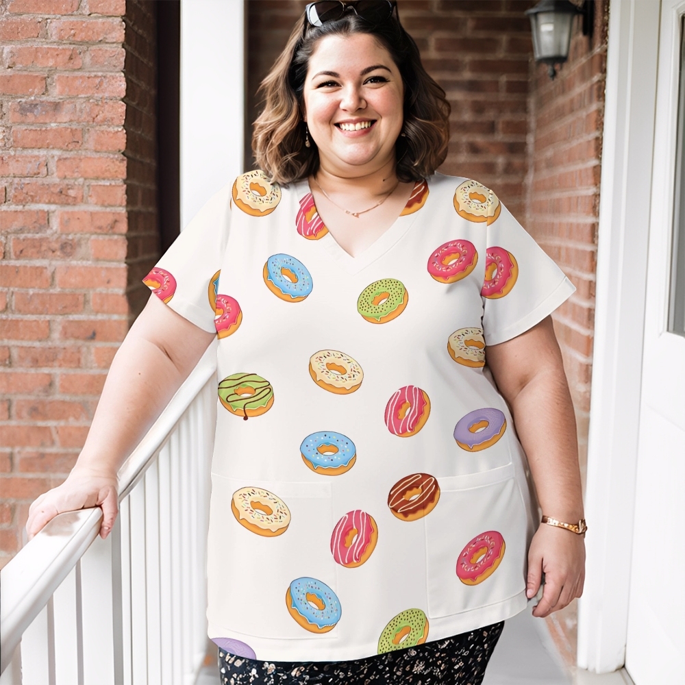 Women's V-Neck Pocket Cartoon Series Printed Scrub Top ST10155