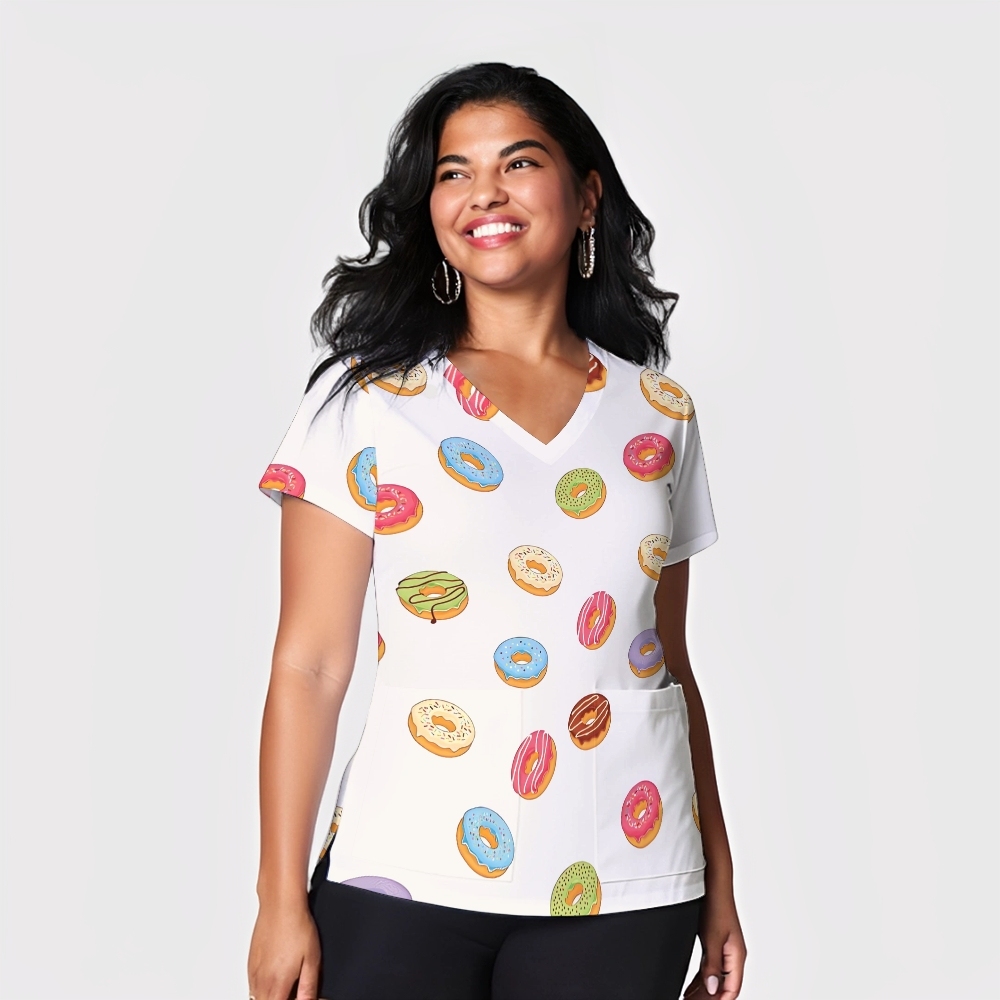 Women's V-Neck Pocket Cartoon Series Printed Scrub Top ST10155
