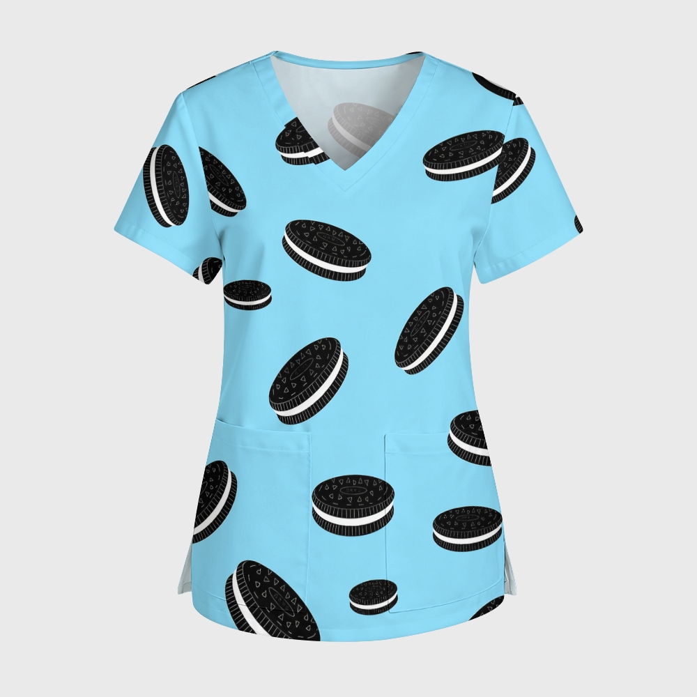 Women's V-Neck Pocket Cartoon Series Printed Scrub Top ST10156