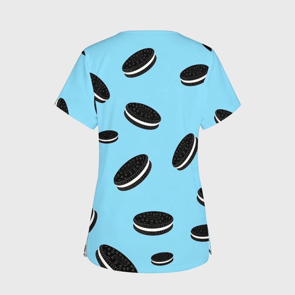Women's V-Neck Pocket Cartoon Series Printed Scrub Top ST10156