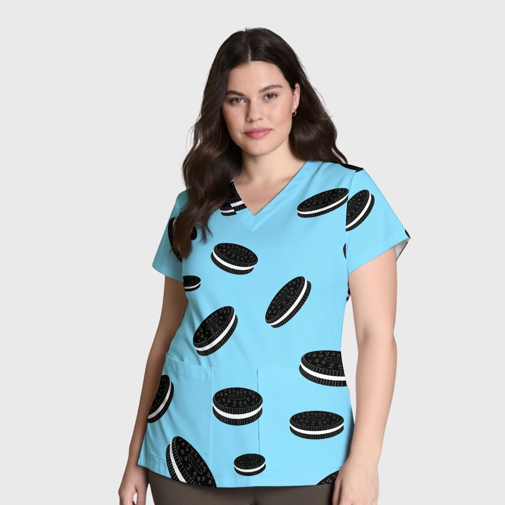 Women's V-Neck Pocket Cartoon Series Printed Scrub Top ST10156