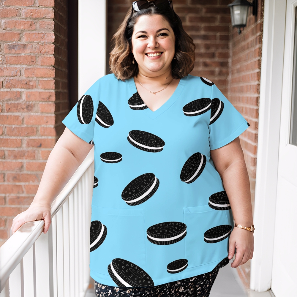 Women's V-Neck Pocket Cartoon Series Printed Scrub Top ST10156