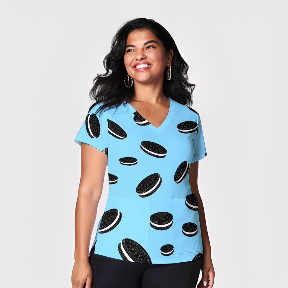 Women's V-Neck Pocket Cartoon Series Printed Scrub Top ST10156