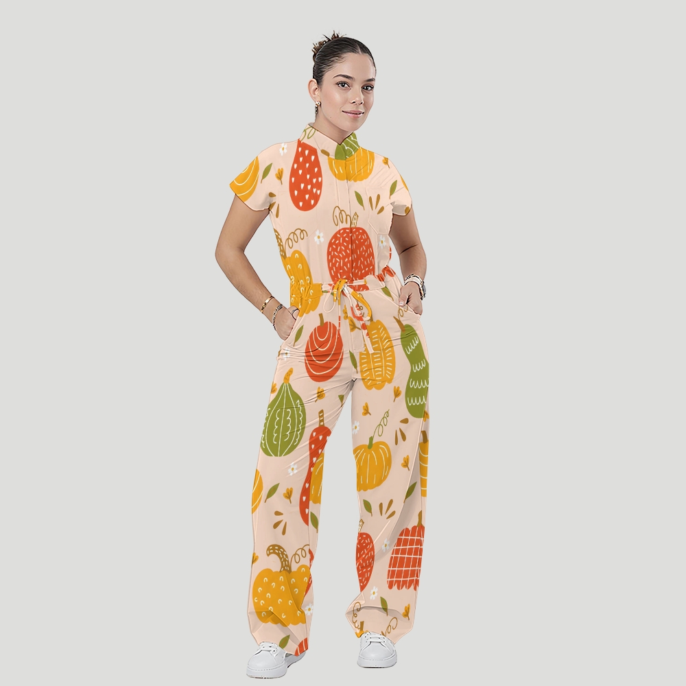 Women's Stand Collar Waist Tie Thanksgiving Series Print Scrub Jumpsuit TJ10171