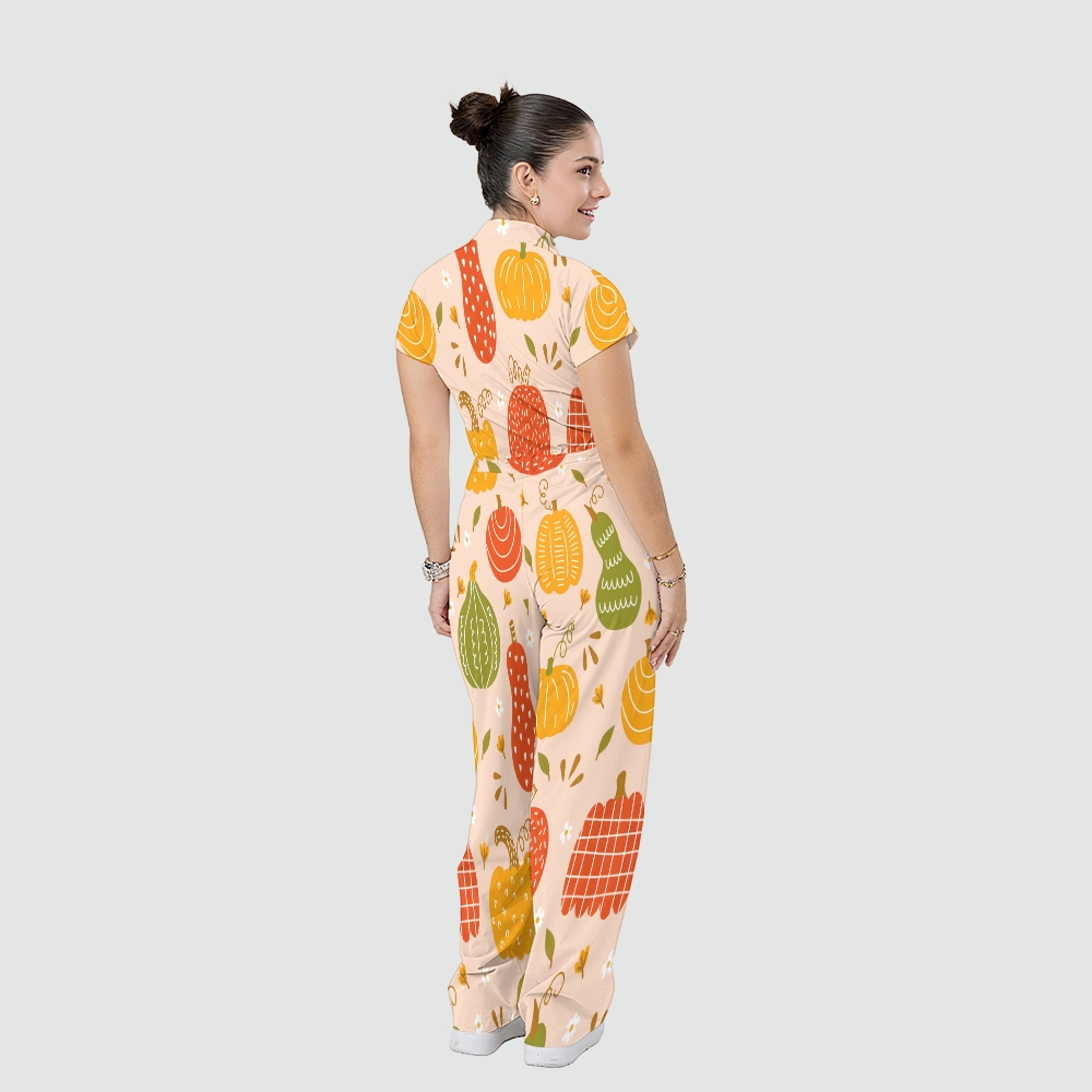 Women's Stand Collar Waist Tie Thanksgiving Series Print Scrub Jumpsuit TJ10171