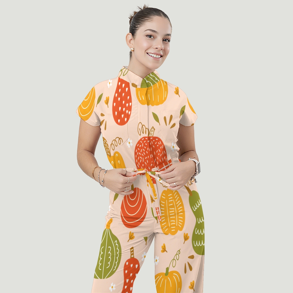 Women's Stand Collar Waist Tie Thanksgiving Series Print Scrub Jumpsuit TJ10171