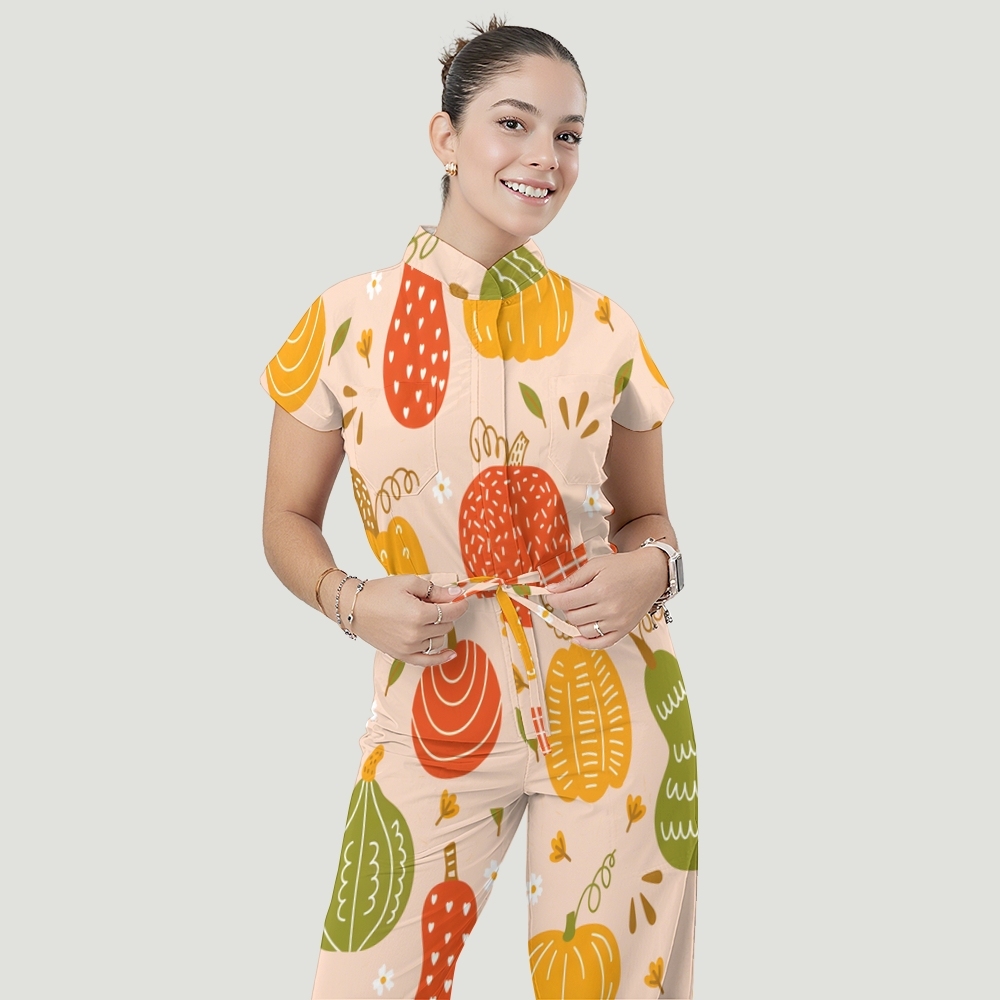 Women's Stand Collar Waist Tie Thanksgiving Series Print Scrub Jumpsuit TJ10171