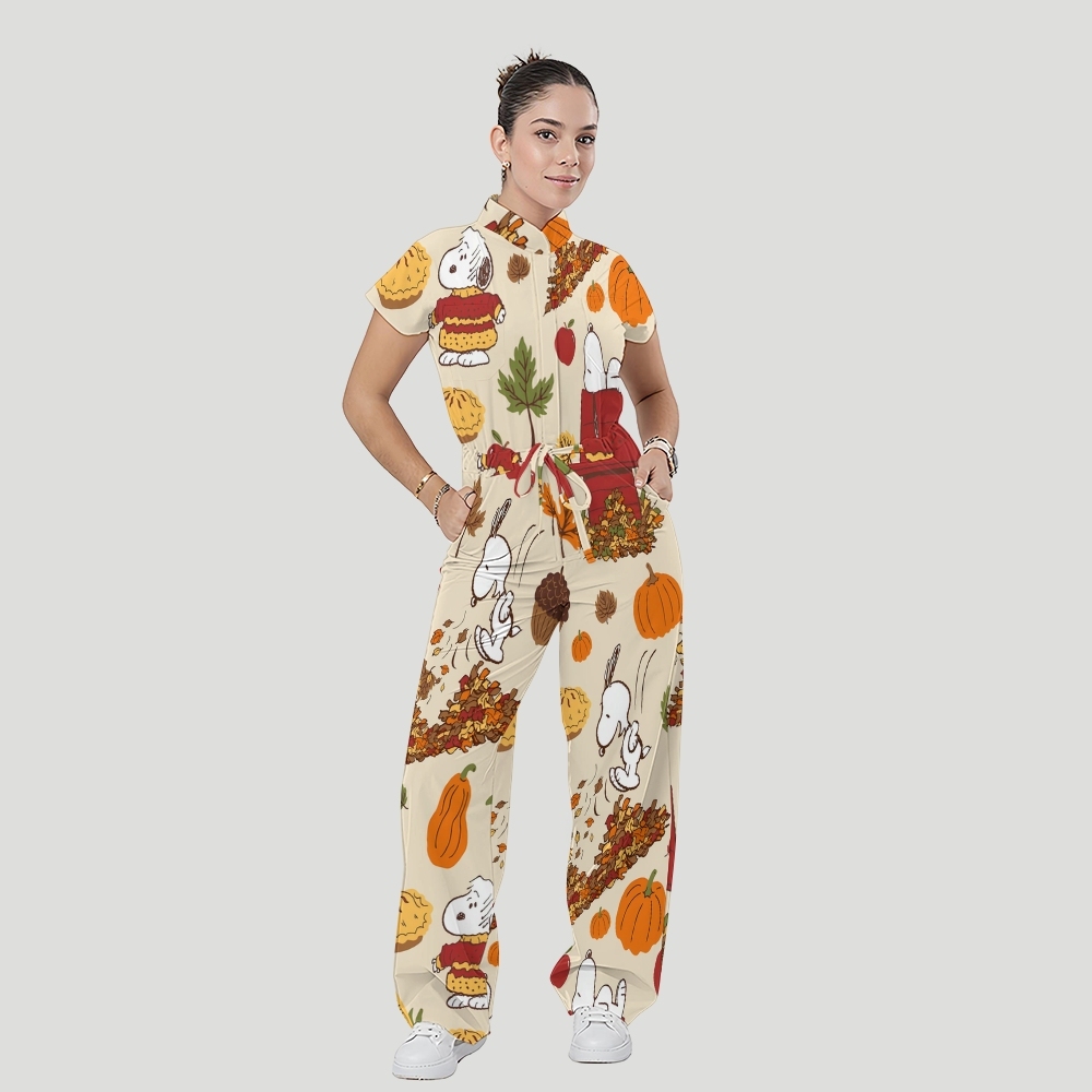 Women's Stand Collar Waist Tie Thanksgiving Series Print Scrub Jumpsuit TJ10172