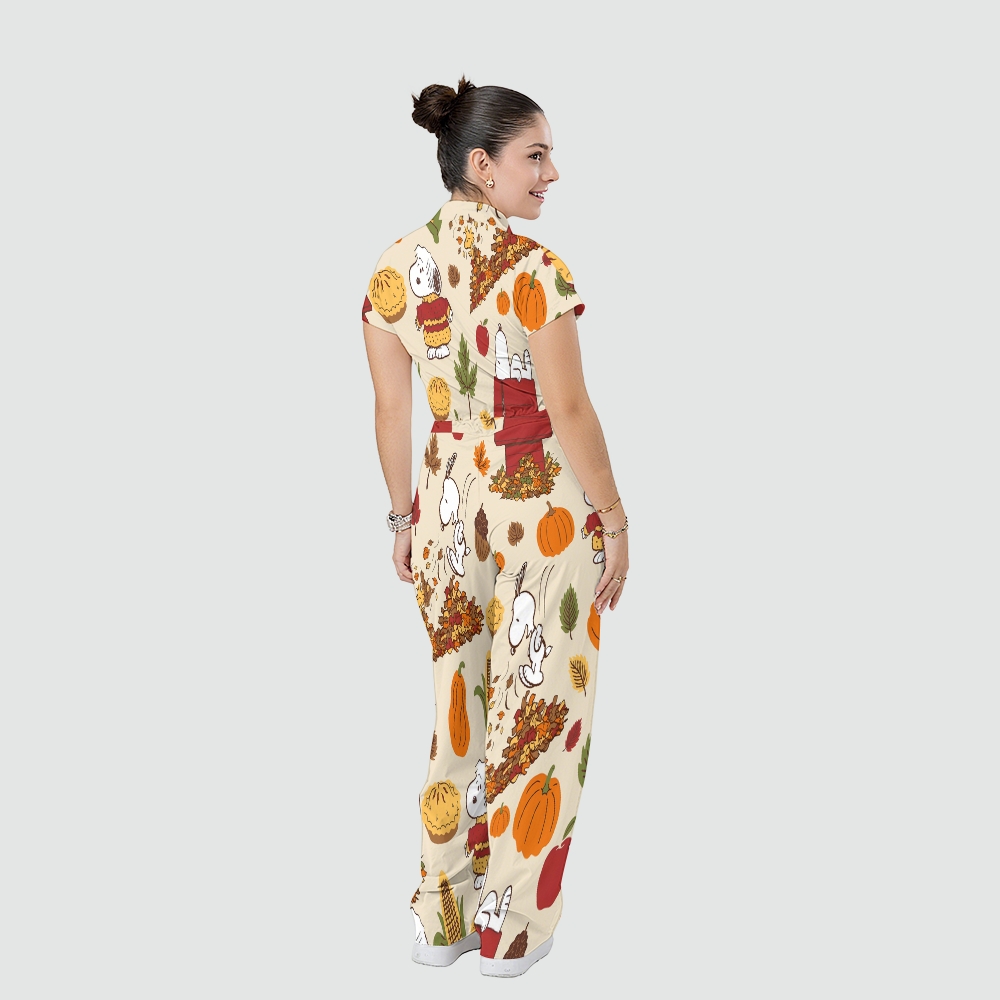 Women's Stand Collar Waist Tie Thanksgiving Series Print Scrub Jumpsuit TJ10172