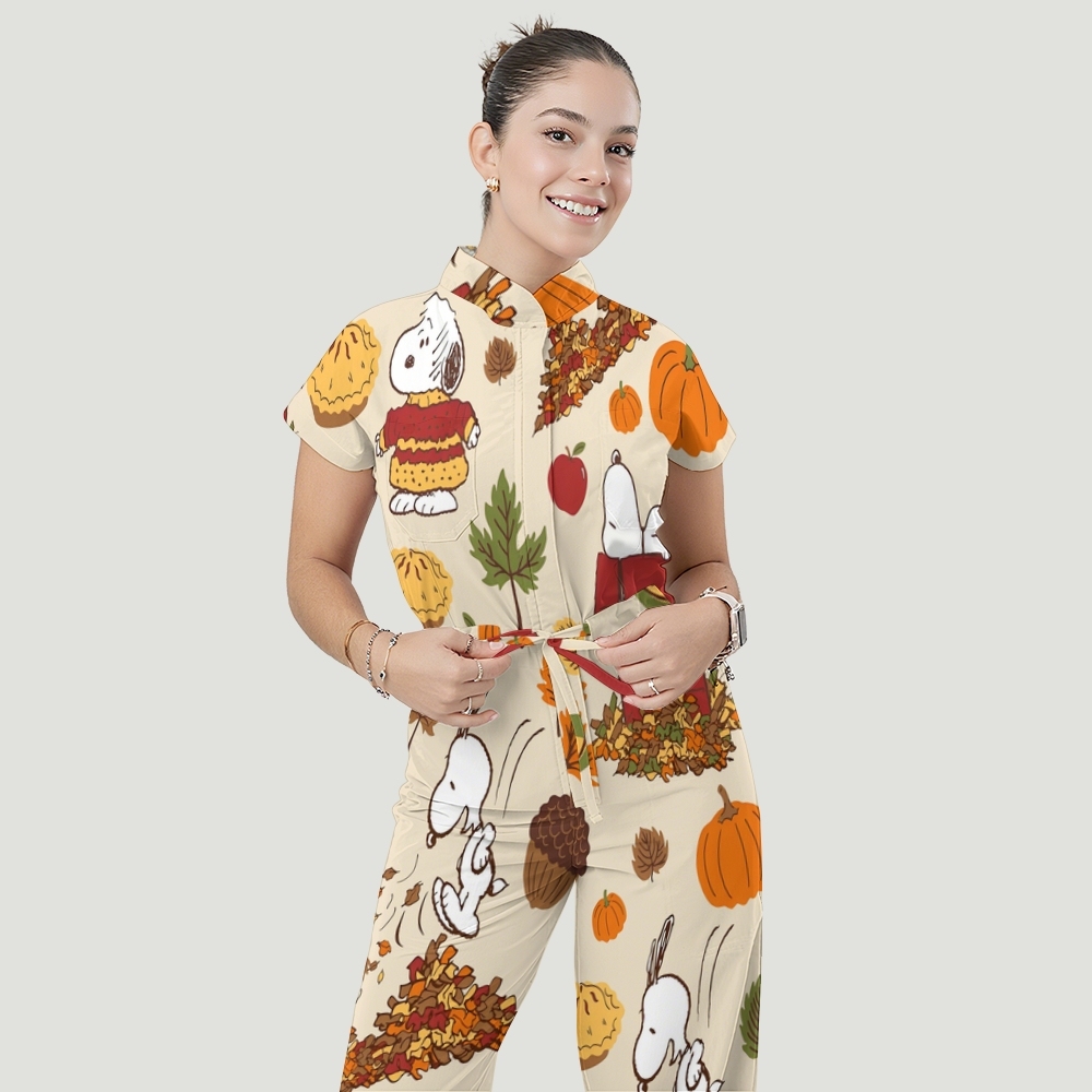 Women's Stand Collar Waist Tie Thanksgiving Series Print Scrub Jumpsuit TJ10172