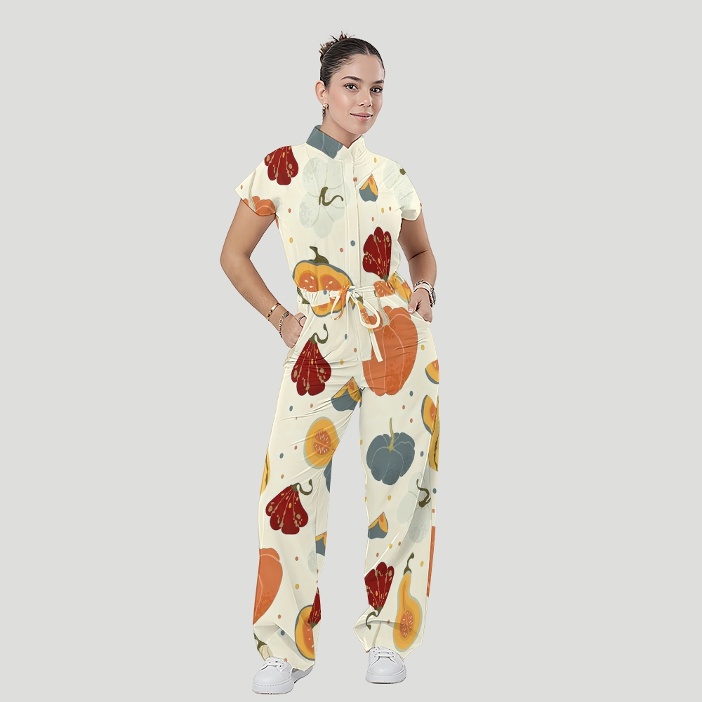 Women's Stand Collar Waist Tie Thanksgiving Series Print Scrub Jumpsuit TJ10173
