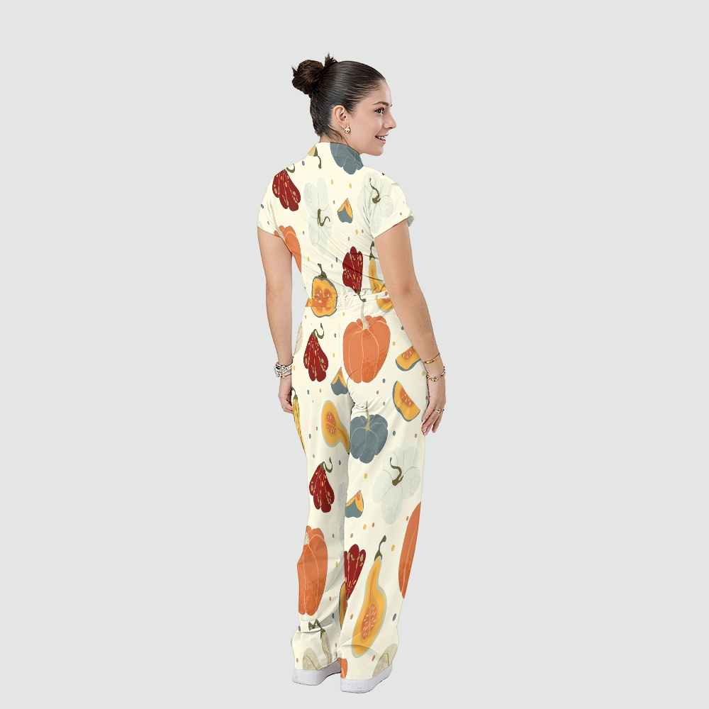 Women's Stand Collar Waist Tie Thanksgiving Series Print Scrub Jumpsuit TJ10173
