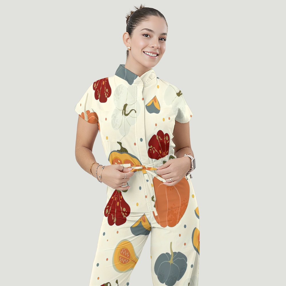 Women's Stand Collar Waist Tie Thanksgiving Series Print Scrub Jumpsuit TJ10173