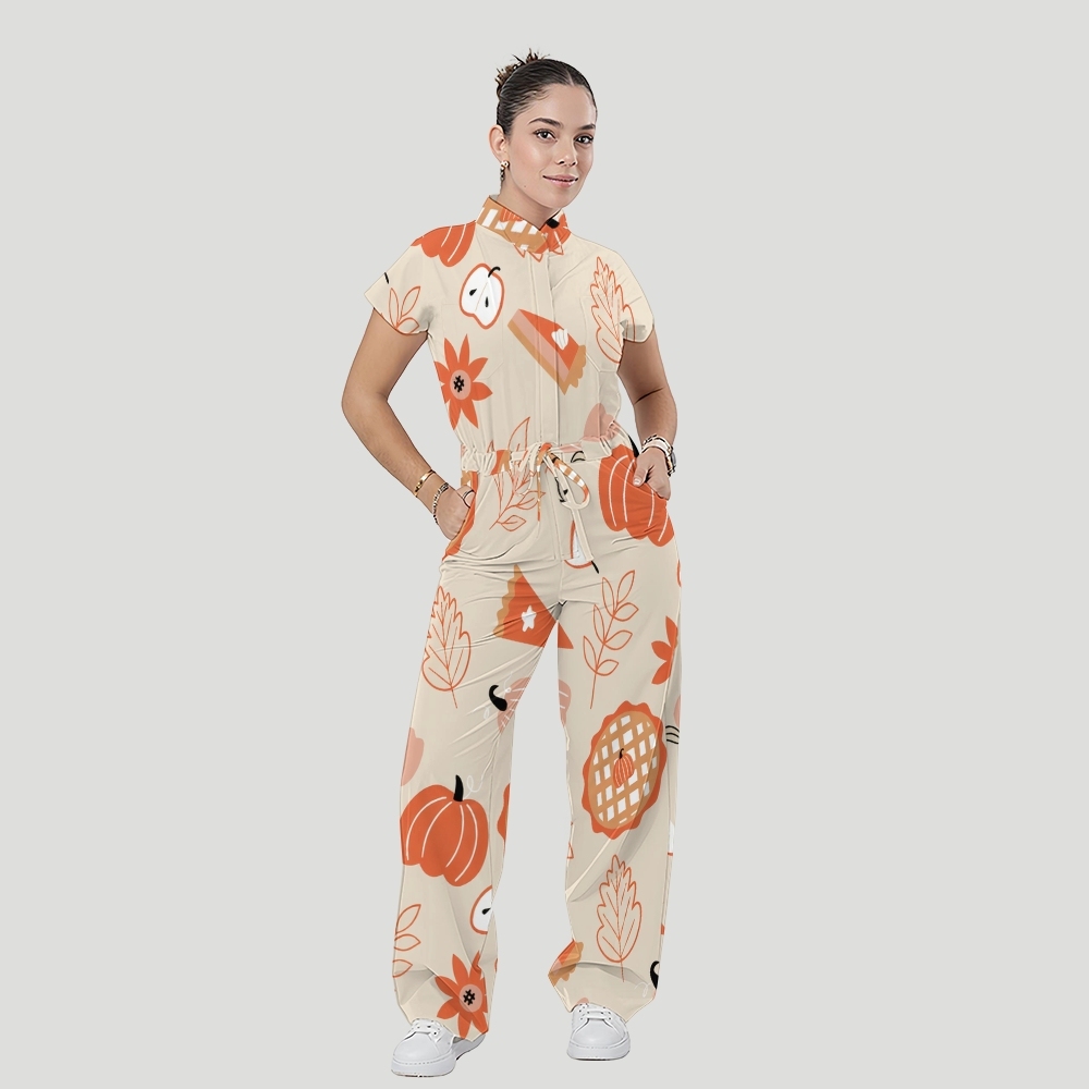 Women's Stand Collar Waist Tie Thanksgiving Series Print Scrub Jumpsuit TJ10174
