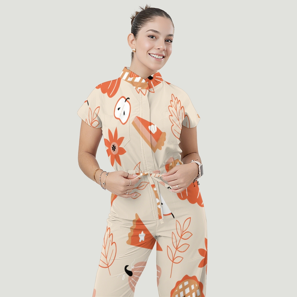 Women's Stand Collar Waist Tie Thanksgiving Series Print Scrub Jumpsuit TJ10174