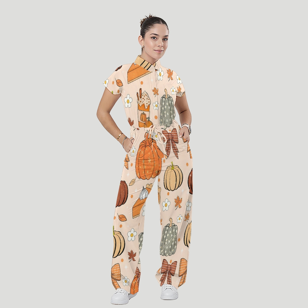 Women's Stand Collar Waist Tie Thanksgiving Series Print Scrub Jumpsuit TJ10175
