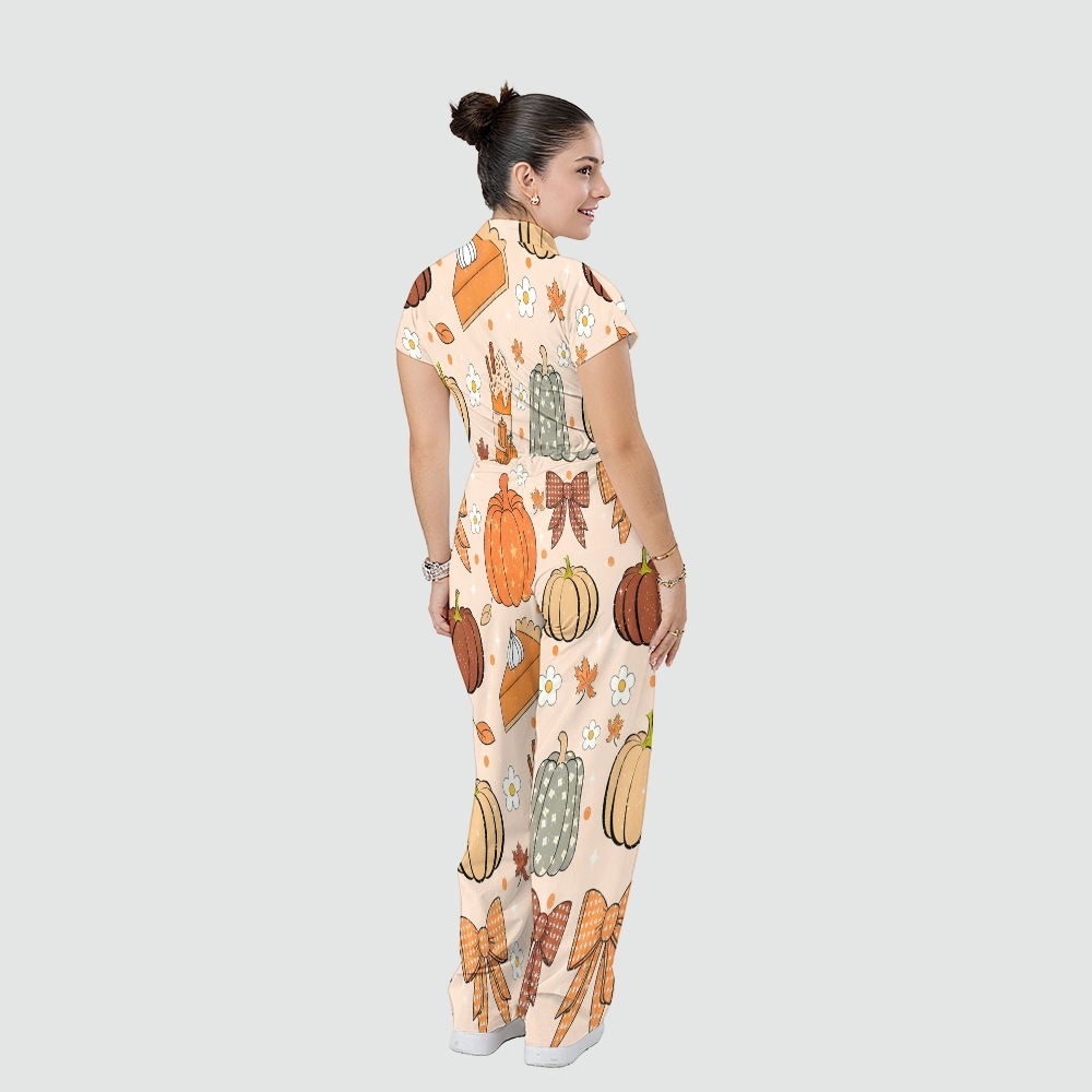 Women's Stand Collar Waist Tie Thanksgiving Series Print Scrub Jumpsuit TJ10175