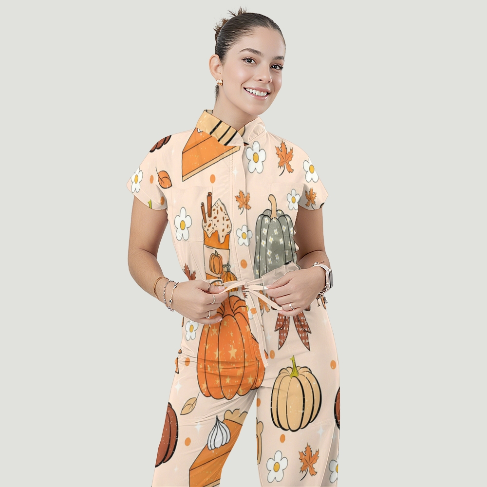 Women's Stand Collar Waist Tie Thanksgiving Series Print Scrub Jumpsuit TJ10175