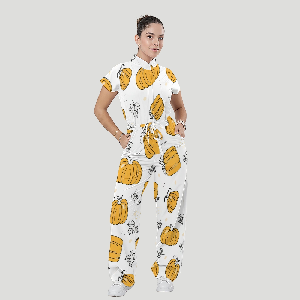 Women's Stand Collar Waist Tie Thanksgiving Series Print Scrub Jumpsuit TJ10176
