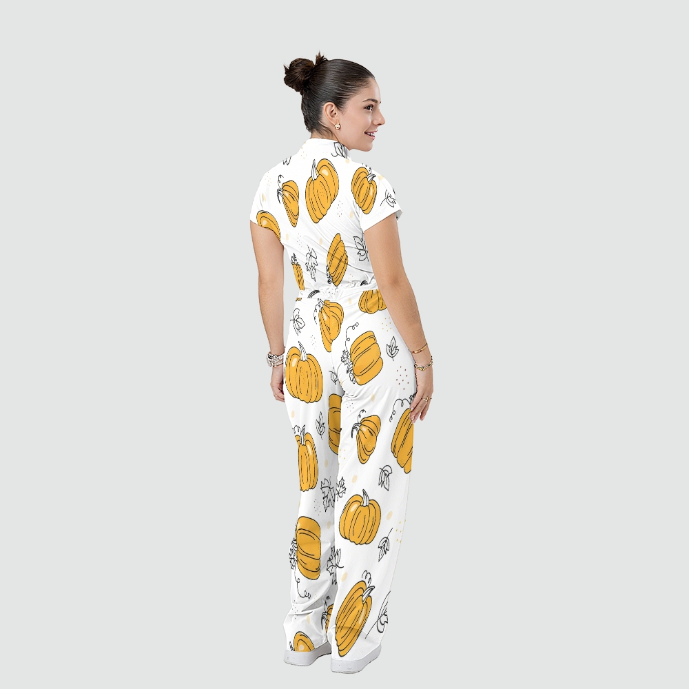 Women's Stand Collar Waist Tie Thanksgiving Series Print Scrub Jumpsuit TJ10176