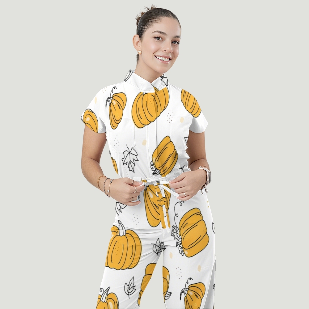 Women's Stand Collar Waist Tie Thanksgiving Series Print Scrub Jumpsuit TJ10176