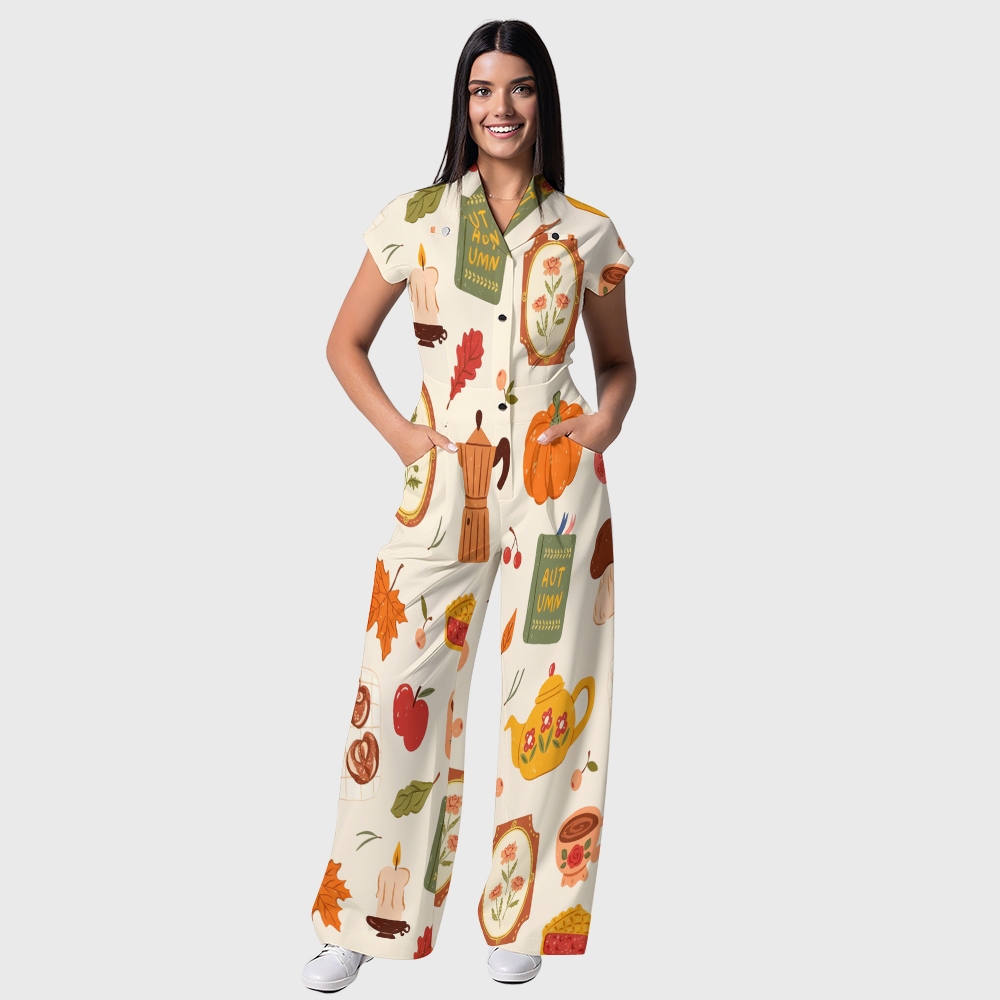 Women's Button-Up Thanksgiving Series Print Scrub Jumpsuit TJ10177