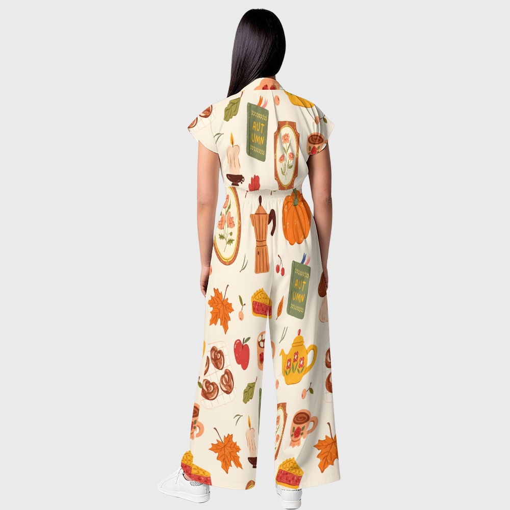 Women's Button-Up Thanksgiving Series Print Scrub Jumpsuit TJ10177