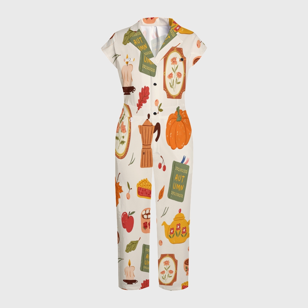Women's Button-Up Thanksgiving Series Print Scrub Jumpsuit TJ10177