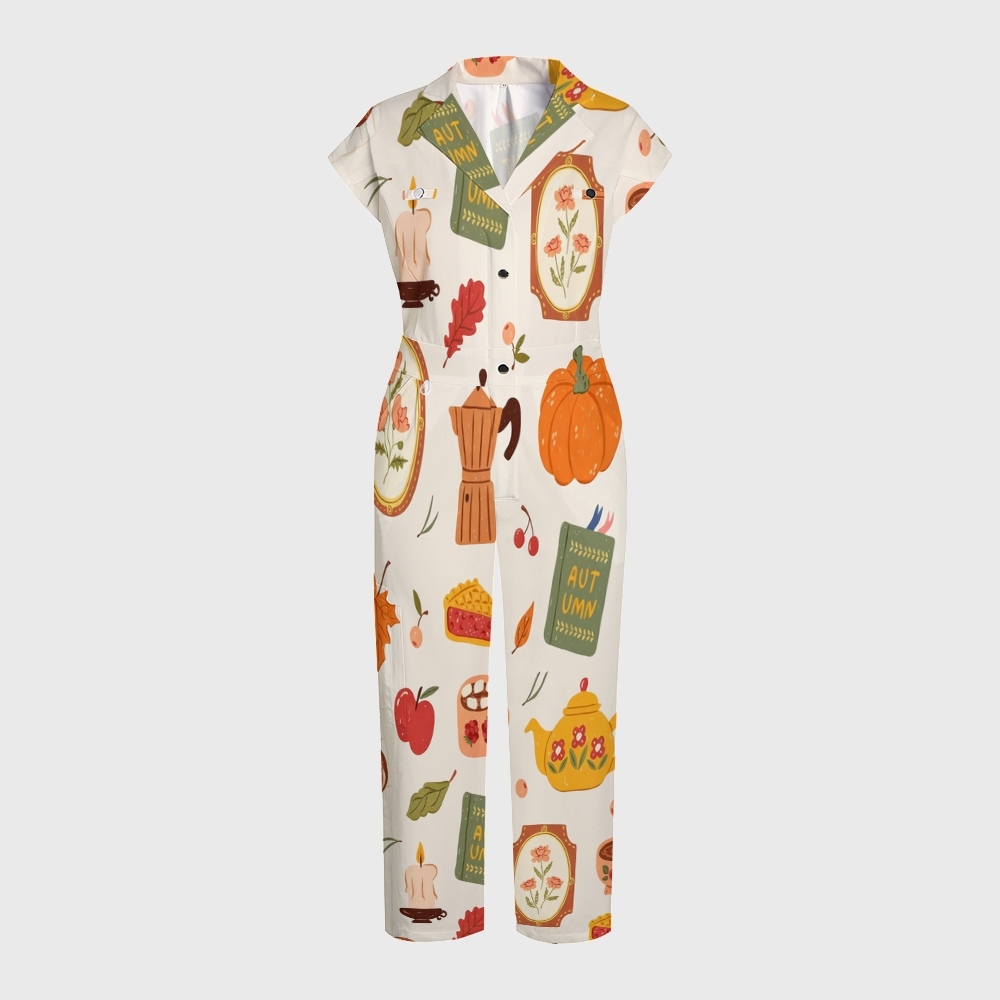 Women's Button-Up Thanksgiving Series Print Scrub Jumpsuit TJ10177