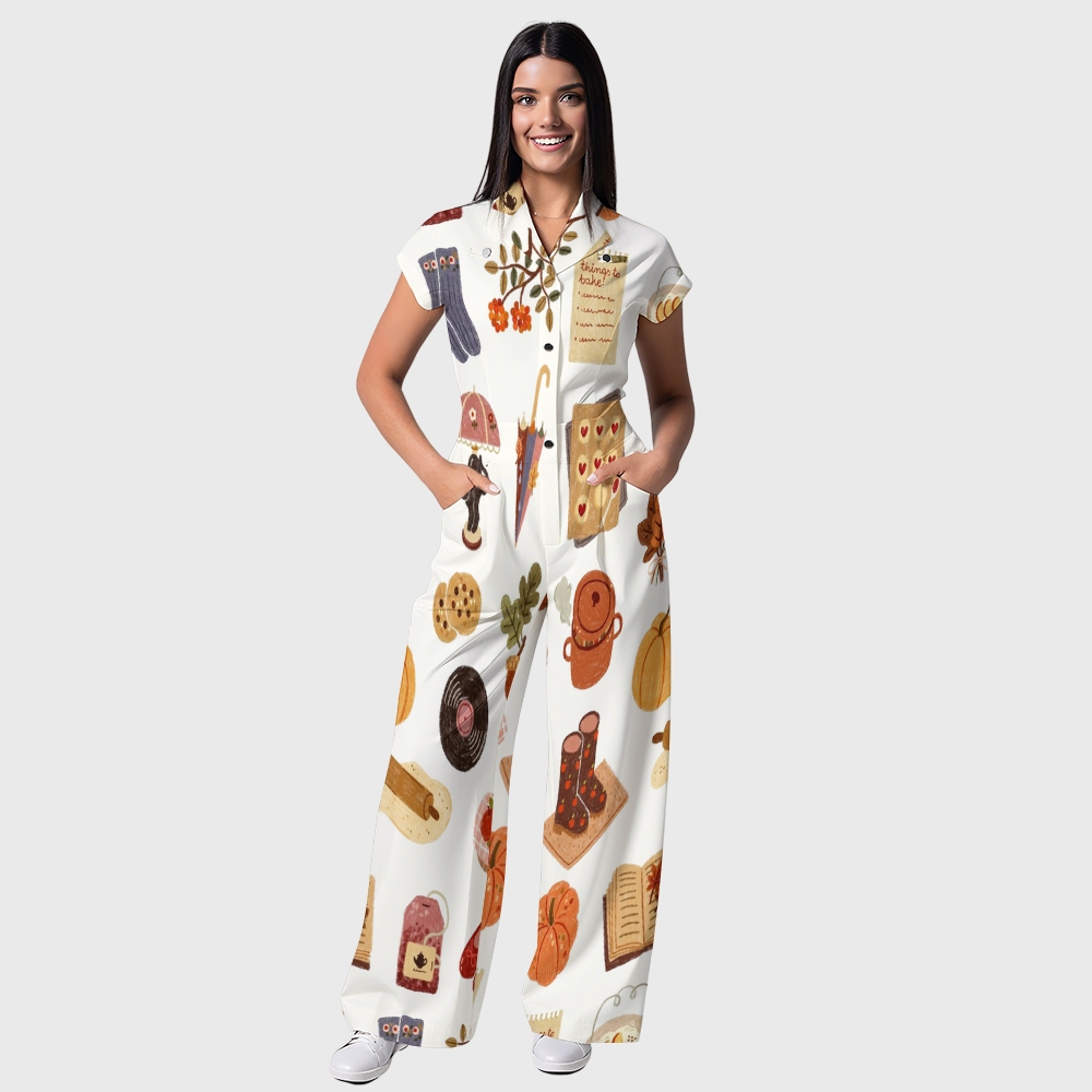 Women's Button-Up Thanksgiving Series Print Scrub Jumpsuit TJ10178